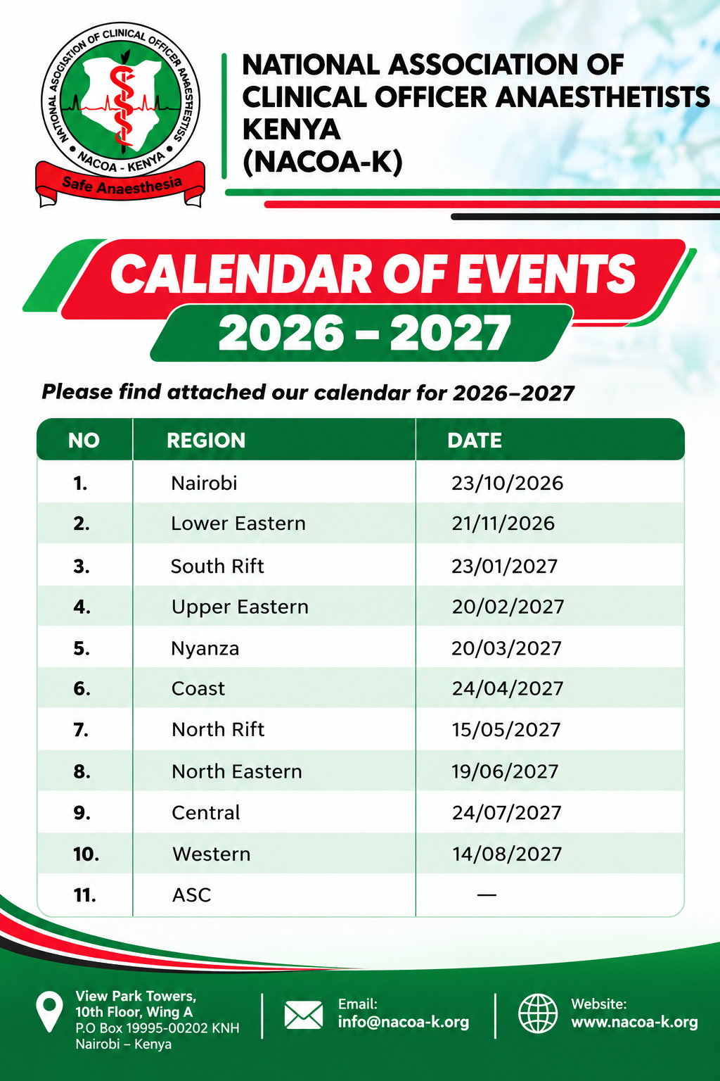 CALENDAR OF EVENTS 2026-2027